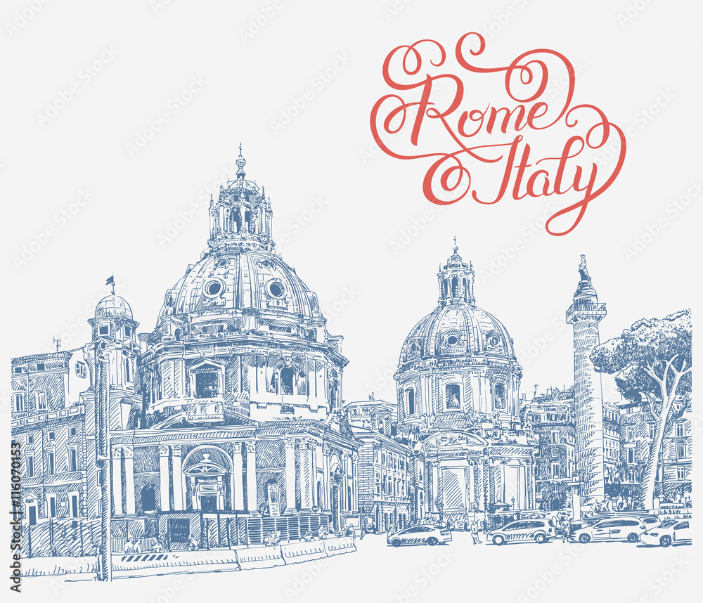 original digital drawing of Rome Italy cityscape with lettering 
