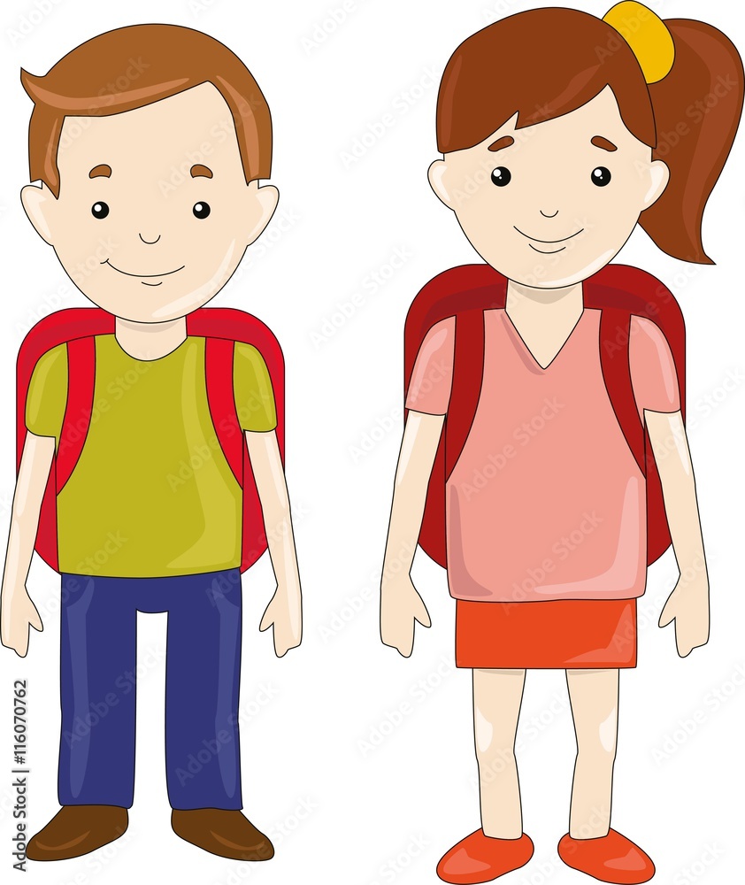 School kids - boy and girl with school bags