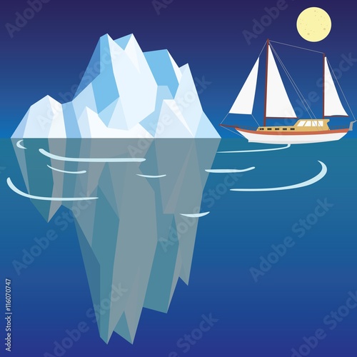 Polygonal iceberg under and above water with ship close to trouble