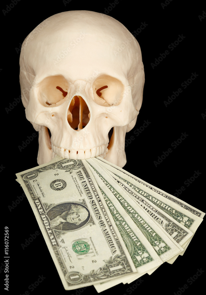 Obraz premium Horrible skull with bundle of money in mouth