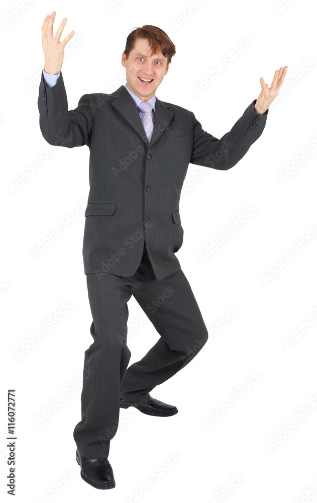 Businessman rejoices on white background