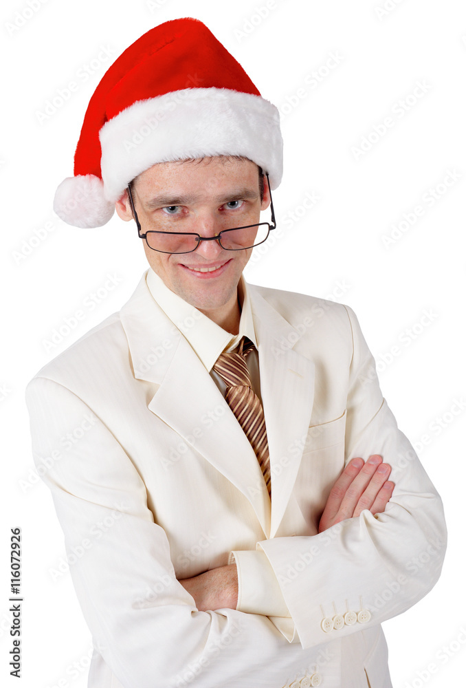 Smiling businessman in a Christmas hat