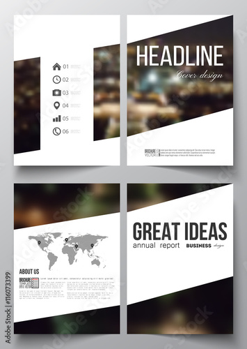Set of business templates for brochure  magazine  flyer  booklet or annual report. Dark background  blurred image  night city landscape  Paris cityscape  modern vector template