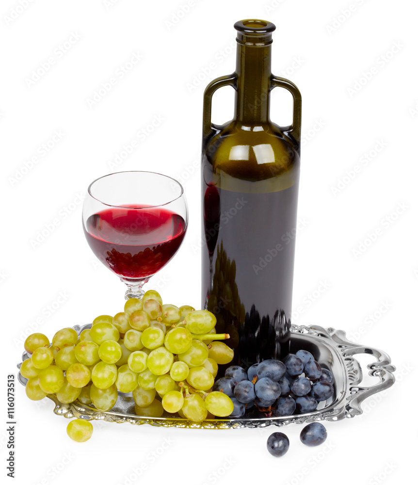 Fototapeta premium Bottle of red wine, glass and grapes - still life