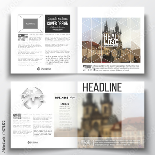 Set of annual report business templates for brochure, magazine, flyer or booklet. Polygonal background, blurred image, urban landscape, Prague cityscape, modern triangular texture