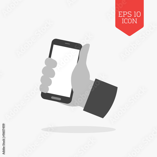 Hand holding smartphone icon. Flat design gray color symbol. Mod