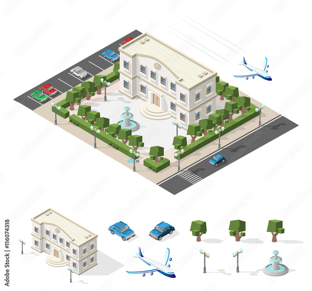 Isometric High Quality City Element with 45 Degrees Shadows on White Background. School