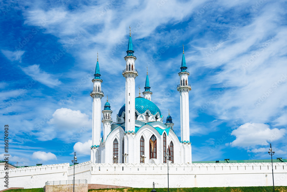 Kul Sharif mosque in the Kazan Kremlin on the background of sky with clouds