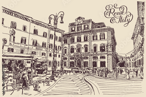 drawing of Rome Italy famous cityscape with hand lettering inscr