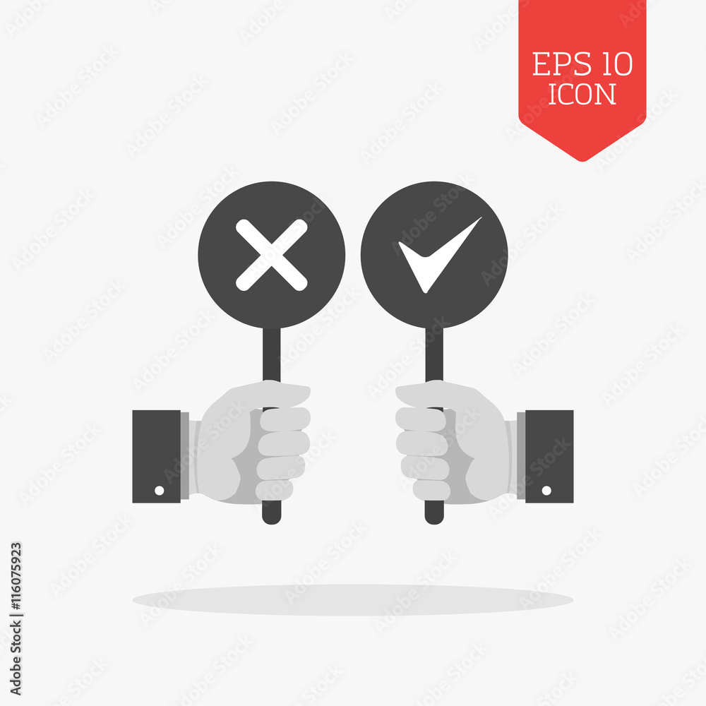 Hands holding right and wrong signs icon. Flat design gray color Hands holding right and wrong signs icon. Flat design gray color