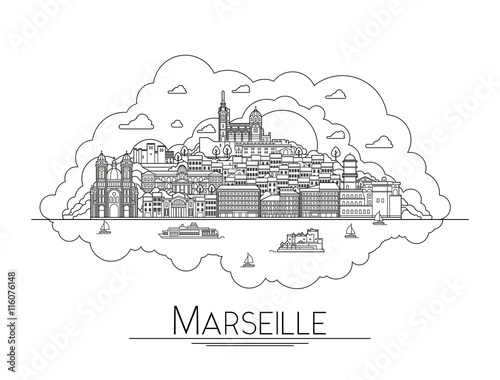 Vector line art Marseille, France, travel landmarks and architecture icon. The most popular tourist destinations, city streets, cathedrals, buildings, symbols in one illustration photo