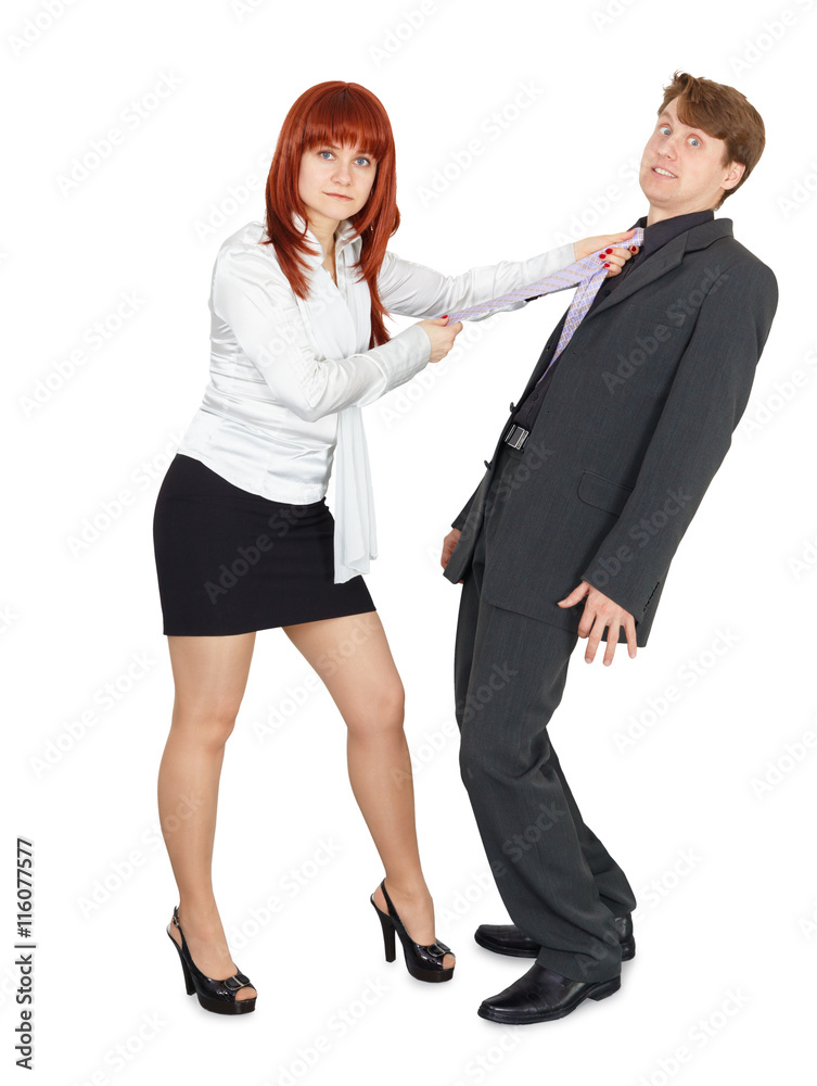 Frightened man in hands of angry woman Frightened man in hands of angry woman