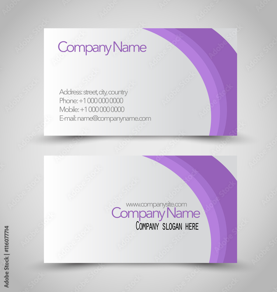 Business card set template. Purple and silver color. Vector illustration.