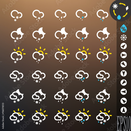 Weather icon set. Different combinations of snow, hail and rain (day, night and universal). Vector illustration for web, mobile devices (applications, widgets). Intended for dark background. eps 10
