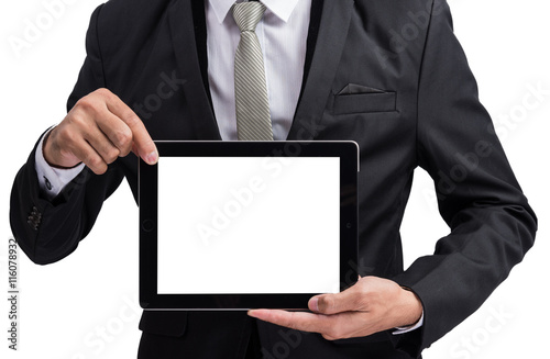 Yong businessman holding digital tablet computer showing screen