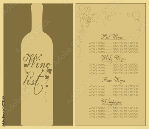 Wine list design for bar, restaurant, wine house or other. With bottle, text and grapes decoration, price list. Place for your text