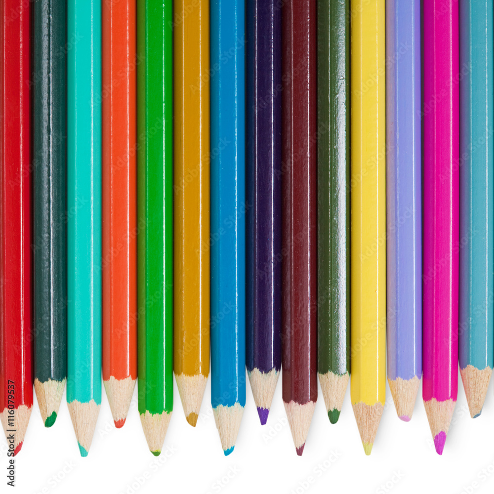 Fourteen color pencils on white background Fourteen color pencils on white background