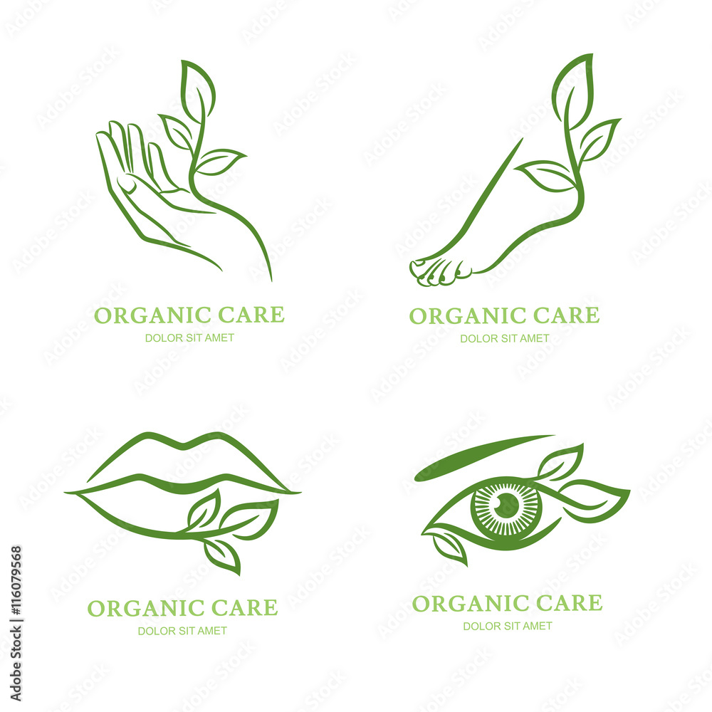 Vector logo, label, emblem set. Female hand, foot, eye, lips with green leaves, isolated. Concept for beauty spa salon, cosmetic, manicure pedicure and organic body care