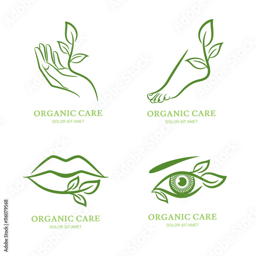 Vector logo, label, emblem set. Female hand, foot, eye, lips with green leaves, isolated. Concept for beauty spa salon, cosmetic, manicure pedicure and organic body care