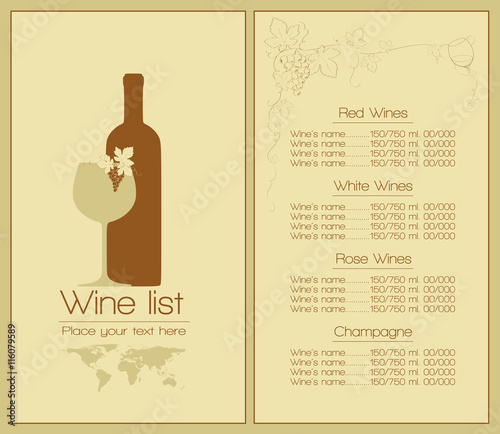 Wine list design for bar, restaurant, wine house or other. With bottle, glass, text and grapes decoration, price list. Place for your text (world map is derived from a world map furnished by NASA)
