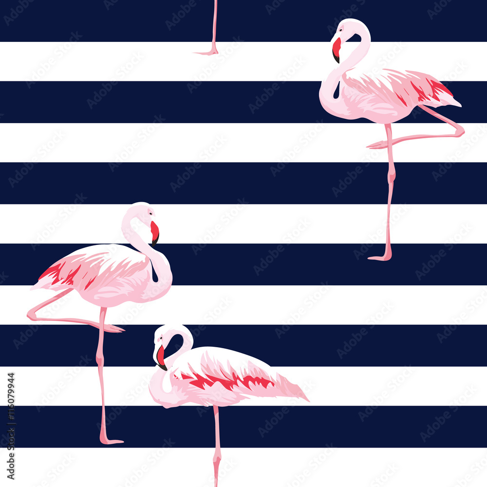 Naklejka premium Pink flamingo seamless pattern with stripes