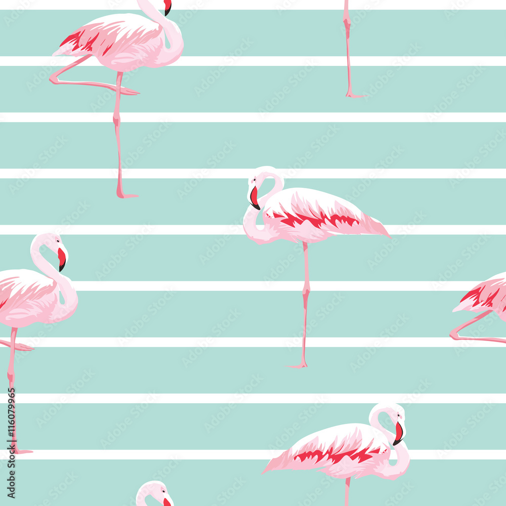 Fototapeta premium Pink flamingo seamless pattern with stripes