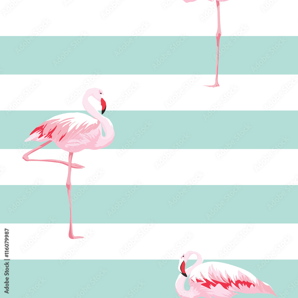 Fototapeta premium Pink flamingo seamless pattern with stripes