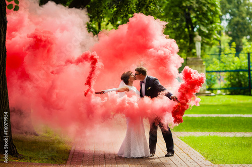 Fototapeta Naklejka Na Ścianę i Meble -  The bride and bridegroom with a red smoke on background summer nature
