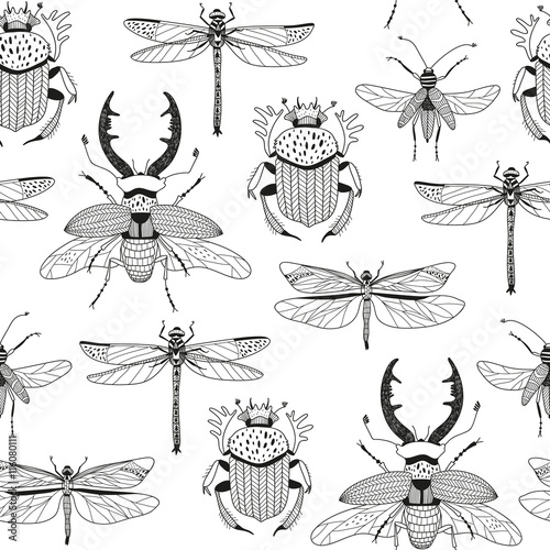 vector seamless pattern with various hand drawn insects..
