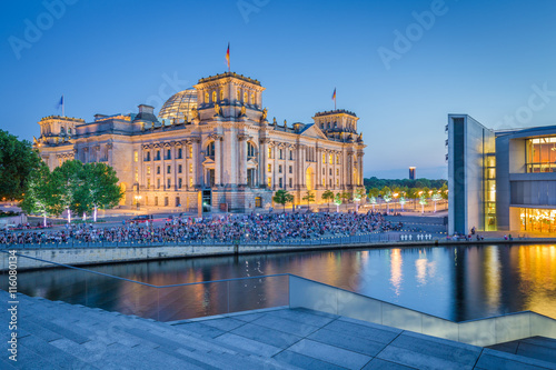 Berlin Reichstag with Spree river in twilight, Berlin, Germany