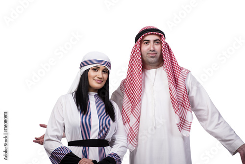Happy arabic family after shopping isolated on white