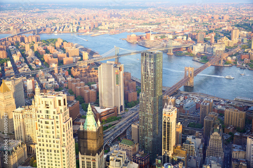 Aerial view of New York City skyline with Three Bridges