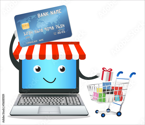 laptop online store with credit card and shopping cart