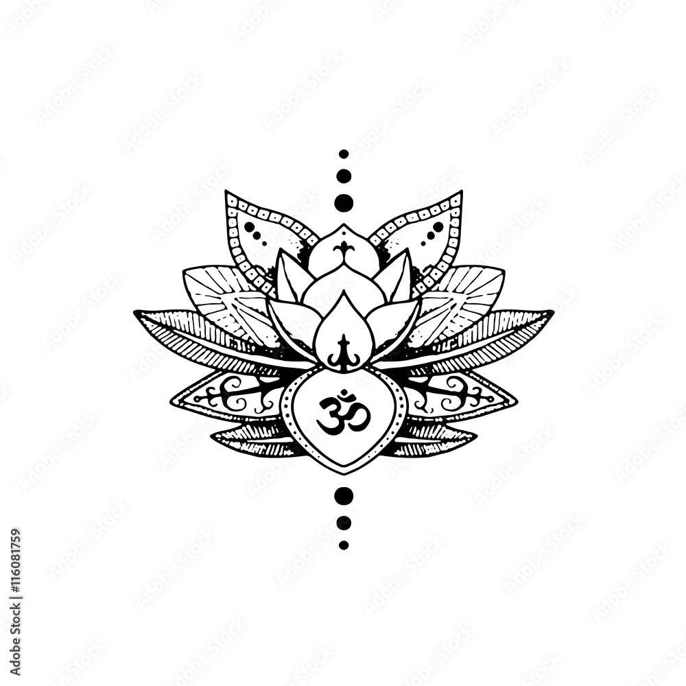 Mandala tattoo - beautiful lotus flower with aum icon and geometric dots.  Isolated closeup. Stock Vector | Adobe Stock