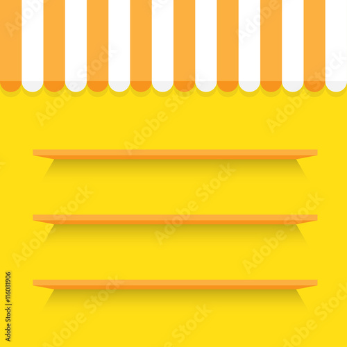 empty shelves on yellow wall