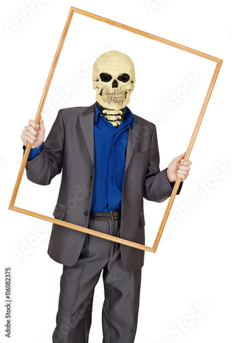 Man dressed as skeleton in wooden frame
