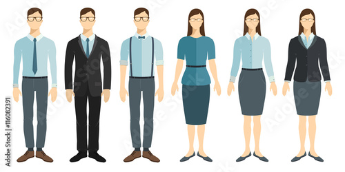 Young businessman and businesswoman in flat style. Vector collection.