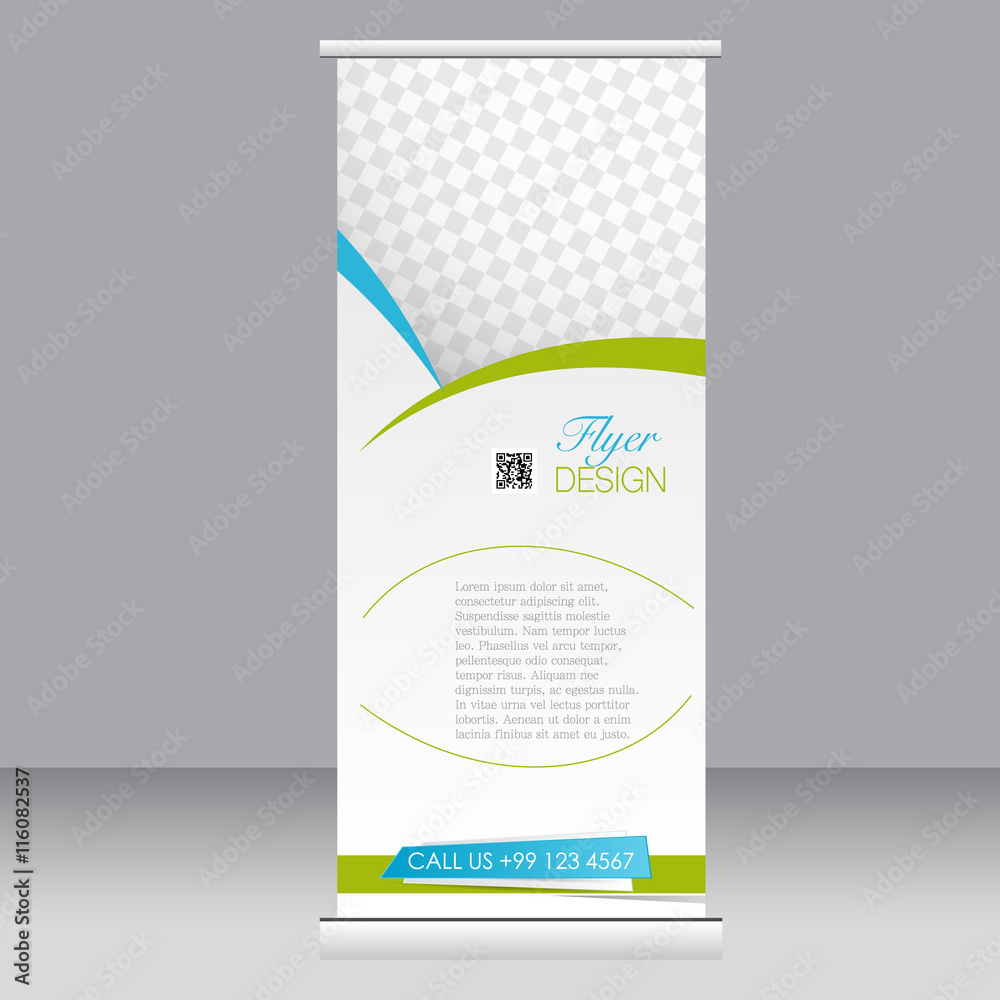 Fototapeta premium Roll up banner stand template. Abstract background for design, business, education, advertisement. Green and blue color. Vector illustration.