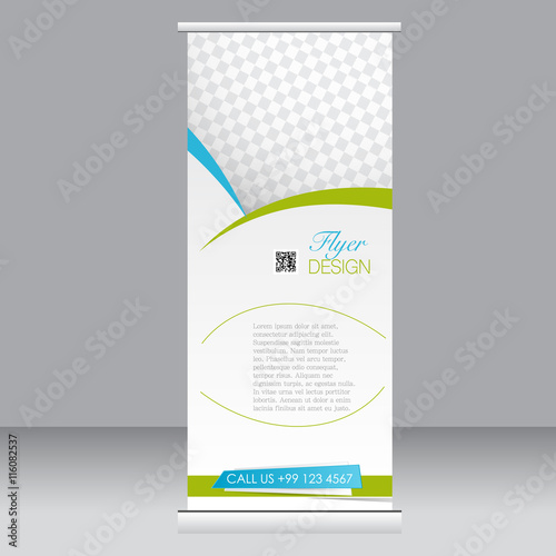 Roll up banner stand template. Abstract background for design,  business, education, advertisement. Green and blue color. Vector  illustration.
