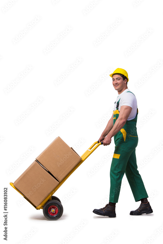 Man moving boxes isolated on the white background Man moving boxes isolated on the white background