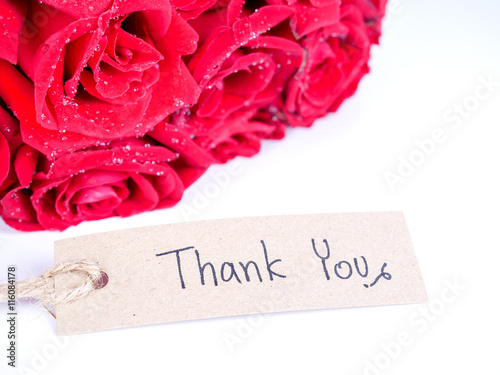 Bouquet red roses flower and word Thank you on isolated backgrou