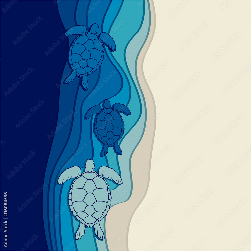 Obraz premium Podwodne tło z żółwiami morskimi. Ilustracji wektorowych.