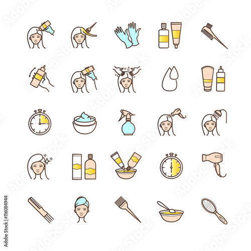 Hair dyeing icons set