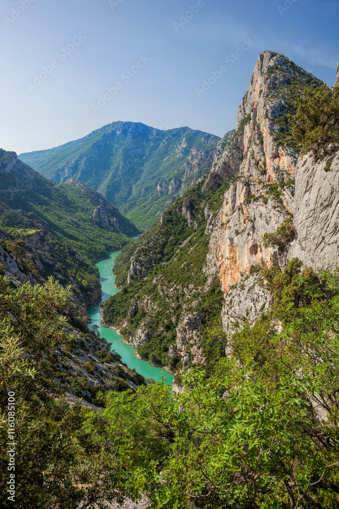 Obraz premium Canyon of Verdon with boats in Provence, France. The largest alpine canyon in Europe.