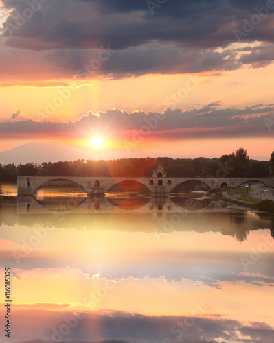 Avignon Bridge with Rhone river at sunset, Pont Saint-Benezet, Provence, France photo