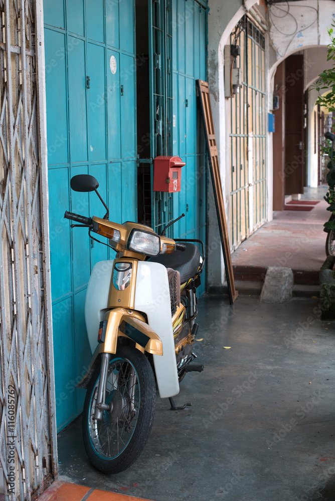 Motorbike parked in five foot way of Georgetown, Penang, Malaysia