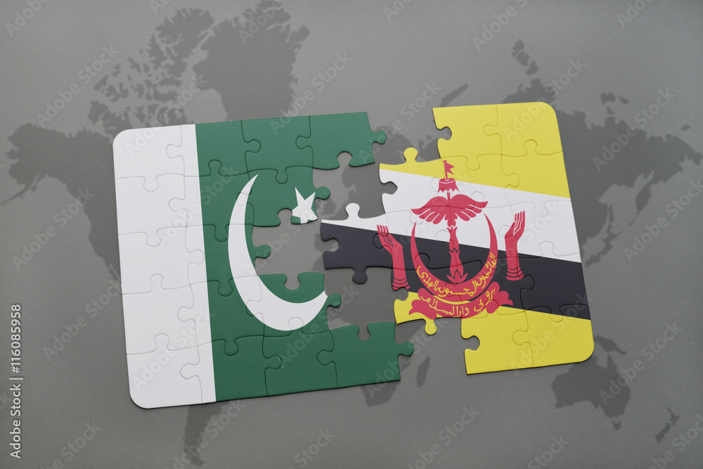 puzzle with the national flag of pakistan and brunei on a world map ...