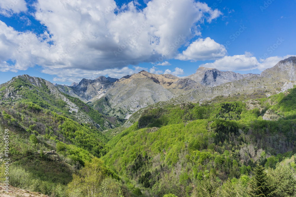 View of Apuan Alps. A sunny day in Tuscan, Italy.

