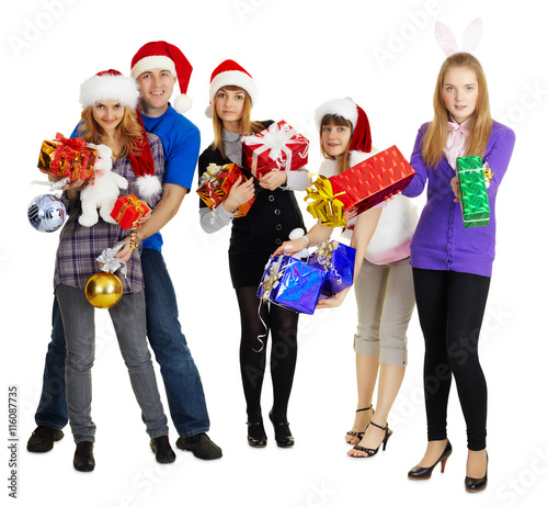 Group of young people with New Year's gifts