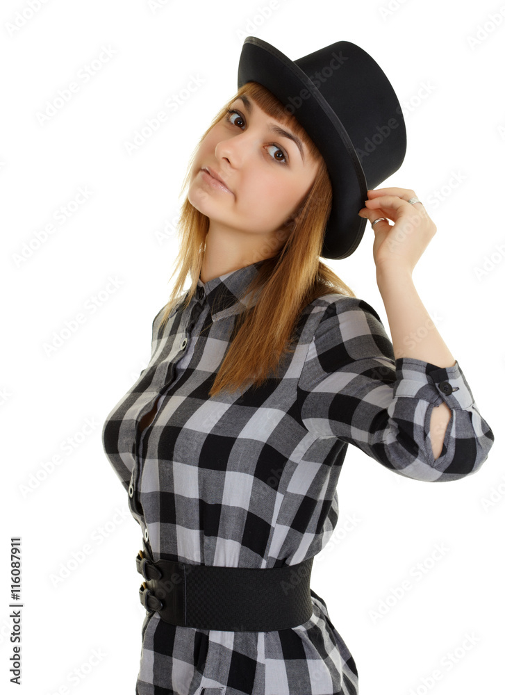 Beautiful young woman in black hat posing on white Beautiful young woman in black hat posing on white